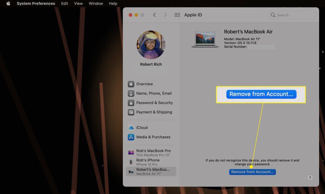 Mac preferences with Remove from Account highlighted