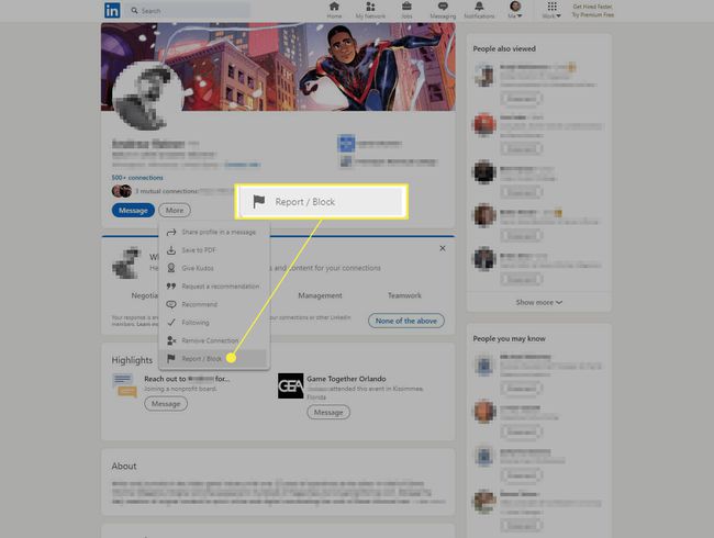LinkedIn account with Report Block highlighted