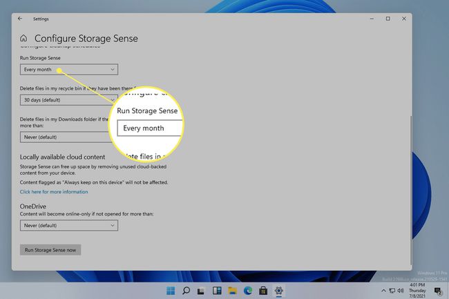 Storage Sense settings with Run Storage Sense Every Month highlighted