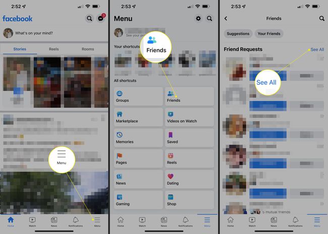 Facebook mobile app with Menu, Friends, and See All highlighted