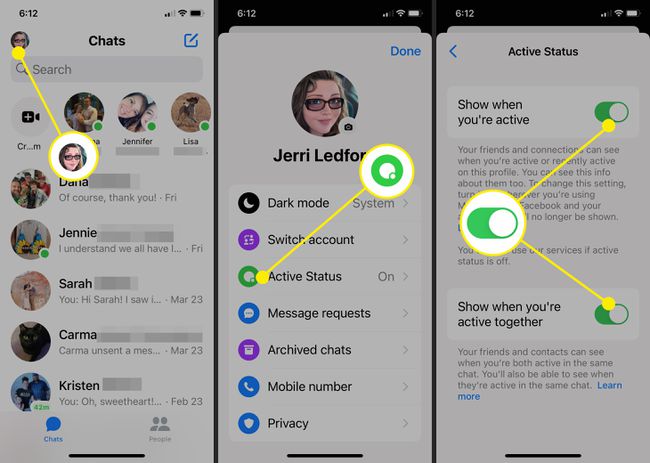 Screenshots showing how to turn off Active Status on Messenger.