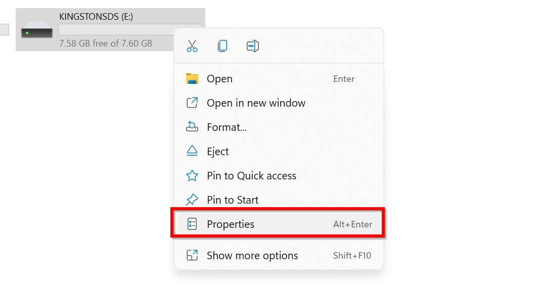 Drive properties option.