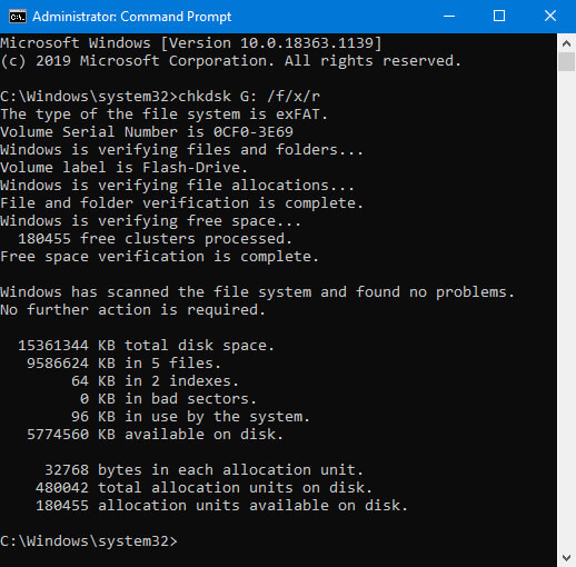 use standard utility chkdsk