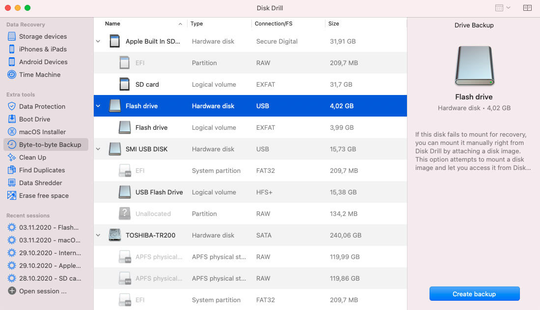 Backup disks into byte to byte file