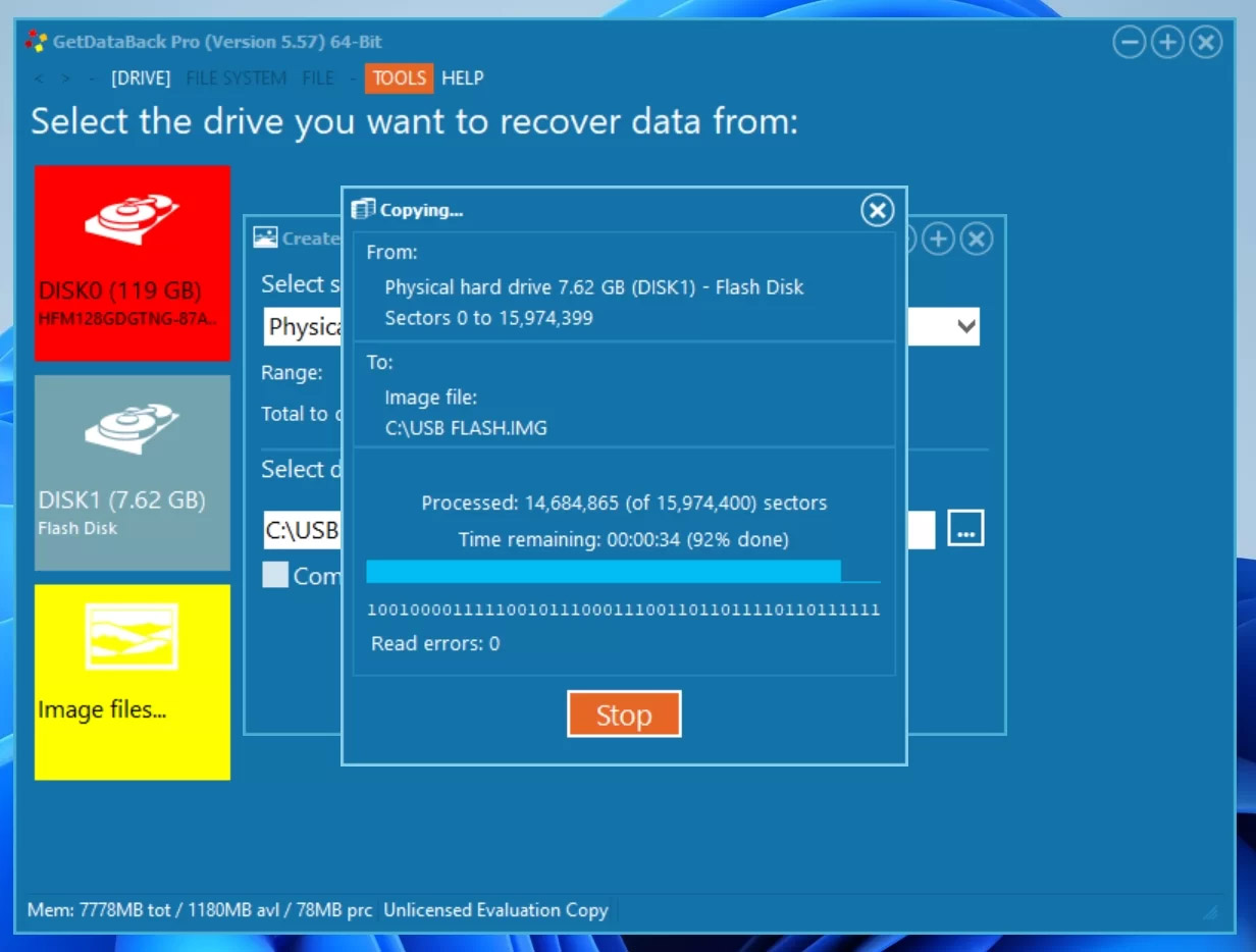 Disk image creation in GetDataBack.