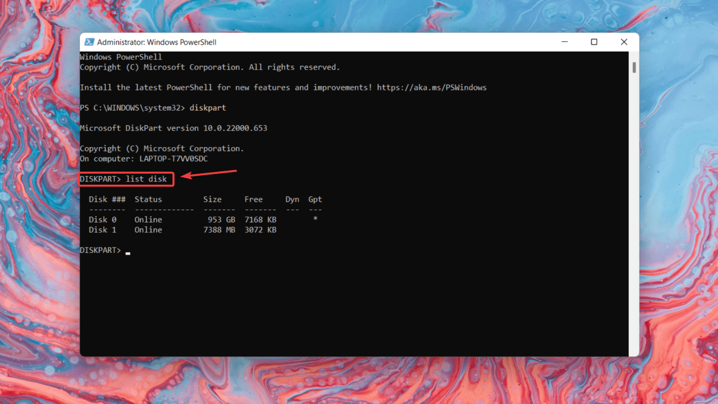 list disk command on disk part