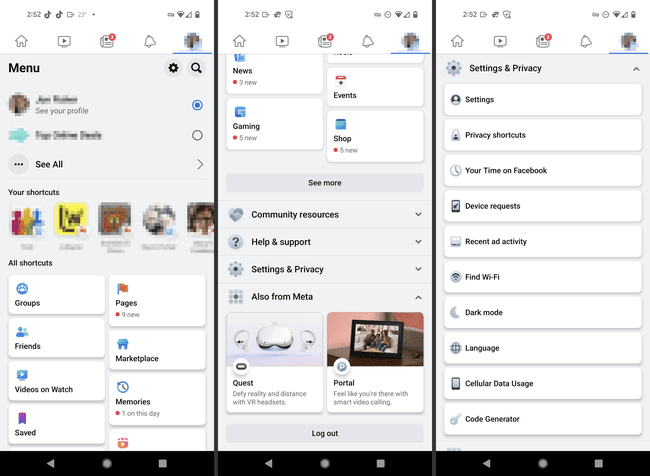 Facebook Android app profile and settings menu