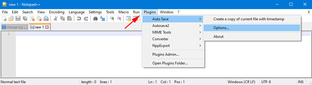 open autosave plugin options in notepad 