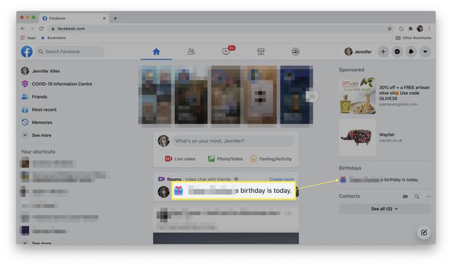 Facebook with a birthday notification displayed