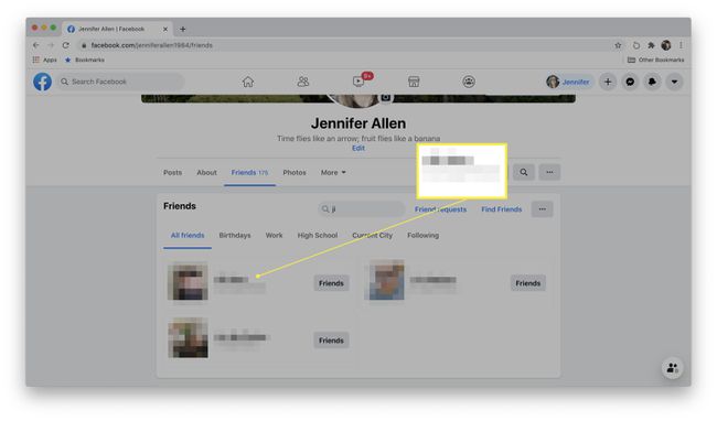 Facebook profile search results with a friend highlighted