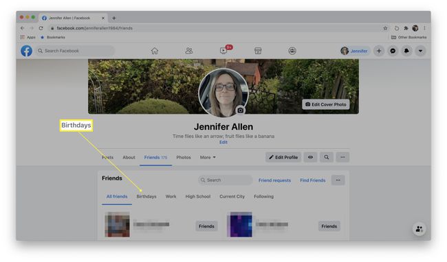Facebook profile friends list with Birthdays highlighted
