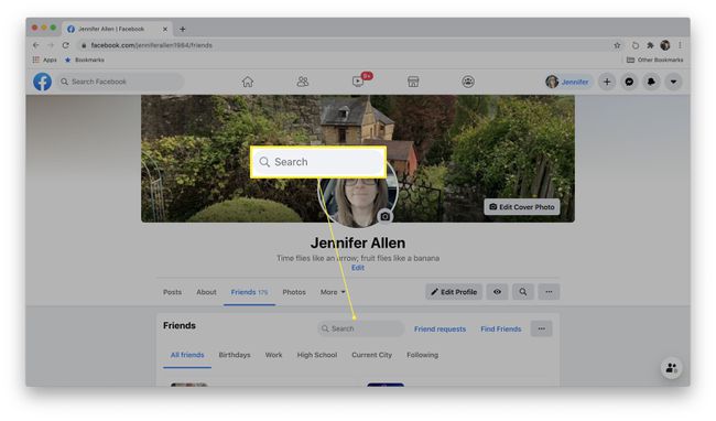 Facebook profile with search bar highlighted