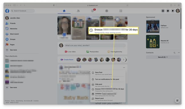 Facebook website with Snooze x for 30 days highlighted.