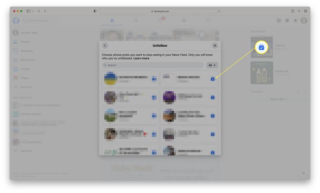 Facebook Unfollow dialog with tick box for unfollowing someone highlighted.