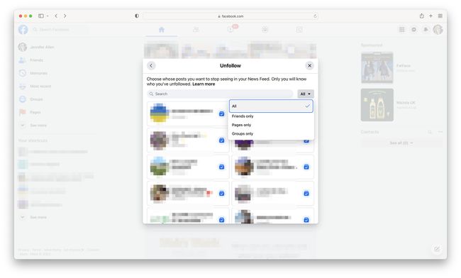 Facebook website with Unfollow dialog open with All highlighted.