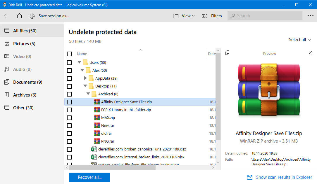 preview and restore found archive file via disk drill