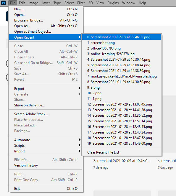 open recent menu in photoshop