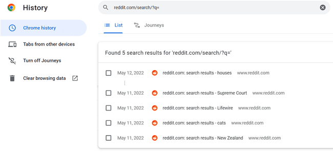 Chrome history showing reddit searches