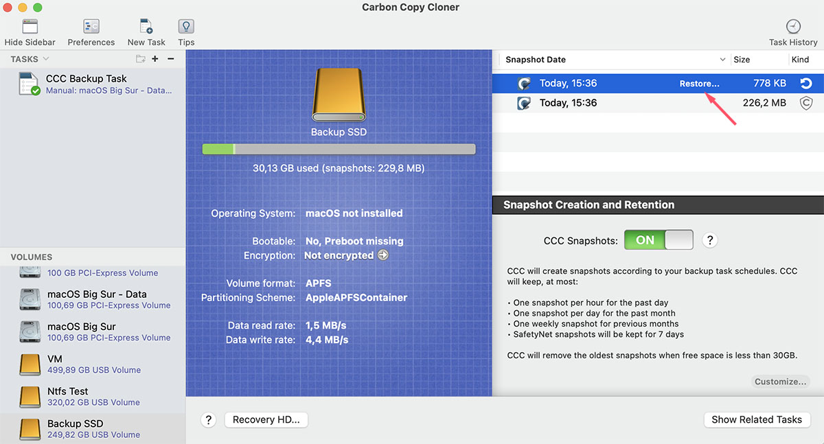 restore from manually created backup