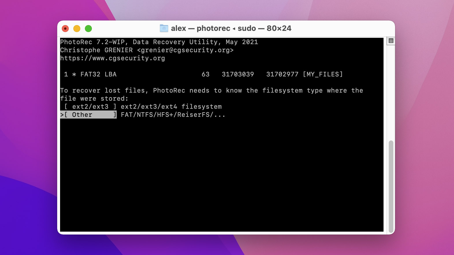 Choose the filesystem type in photorec