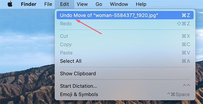 select undo option to restore file in macos