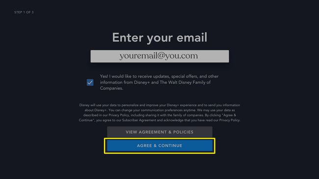 Screenshot of Disney email entry screen on Apple TV