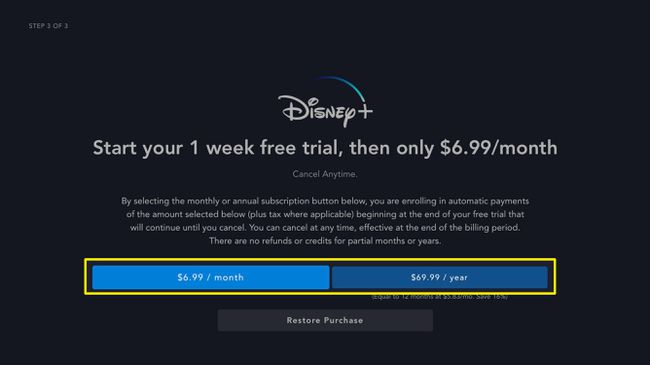 Screenshot of Disney subscription options on Apple TV