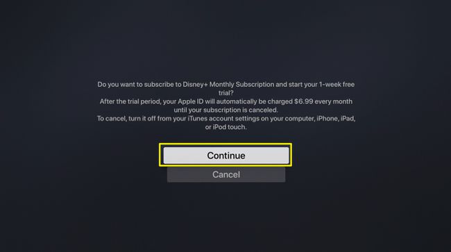 Screenshot of Disney subscription confirmation on Apple TV