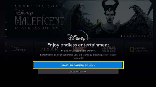 Screenshot of Disney get started screen on Apple TV