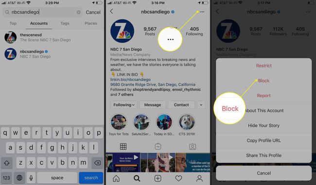 The menu button and Block option in Instagram