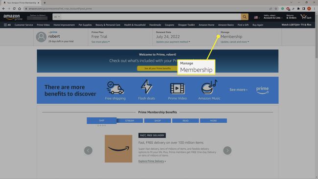 Manage Membership on Amazon.com Prime Membership page