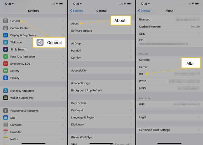General, About, IMEI sections of iOS Settings app