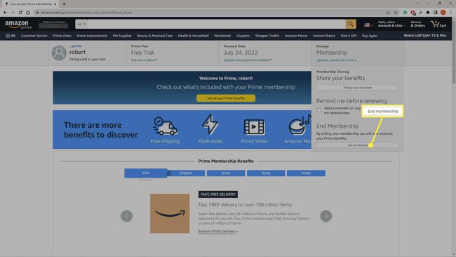 End membership under Manage Membership on Amazon.com