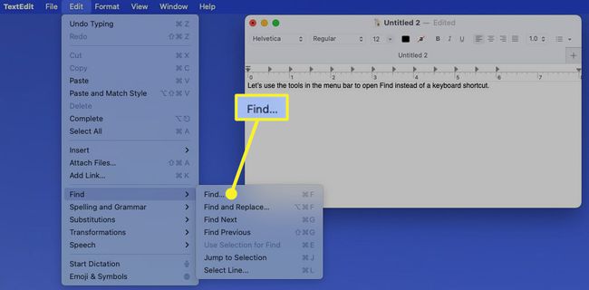 Find in the Edit menu for TextEdit on Mac