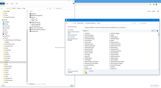 The Fonts folder in Windows 10.