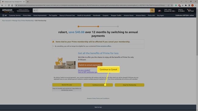 Continue to Cancel on Amazon.com Prime Mebership page