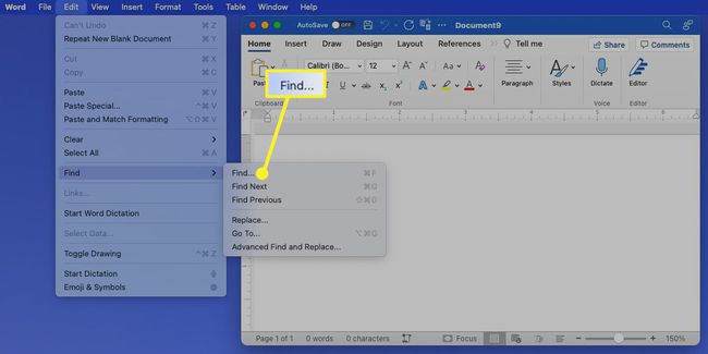 Find highlighted in the Edit menu for Word on Mac