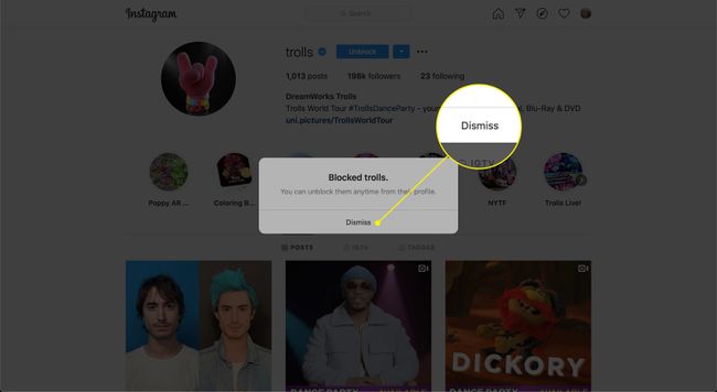 The Dismiss command after blocking an account on Instagram