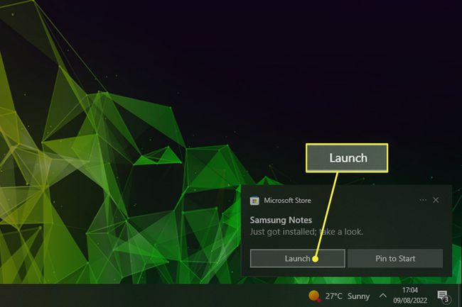 Launch highlighted in Samsung Notes installed notification.