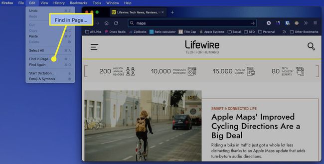 Find in Page highlighted in the Edit menu for Firefox on Mac