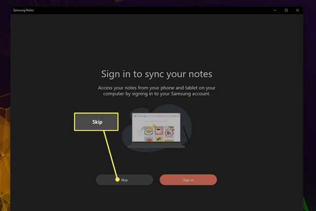 Skip highlighted on Samsung Notes sign in screen.