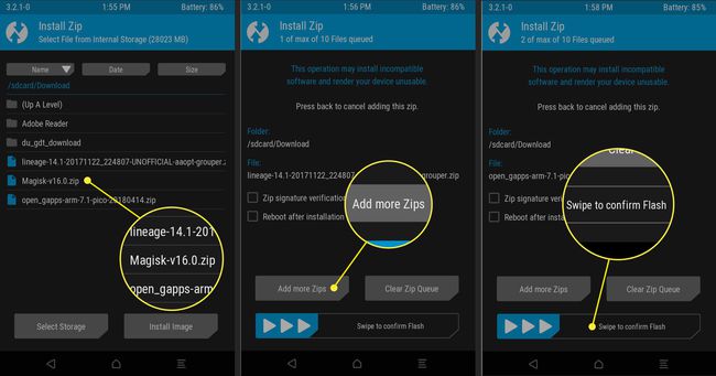 Expert Tip: Note: If you chose to include Magisk, select Add more Zips and add it. If not, move ahead and Swipe to confirm the flash.