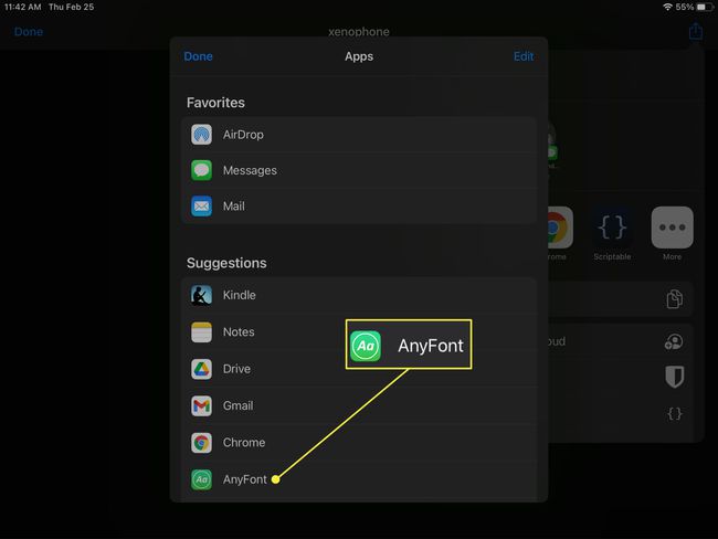 Selecting AnyFont from the Share menu.