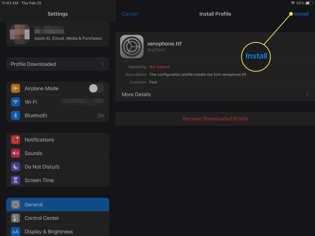 Selecting Install for the font profile.