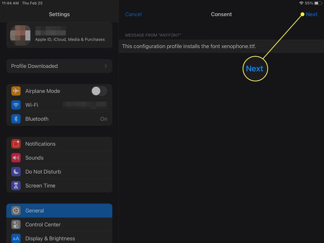 Selecting Next to install a profile on iPad.