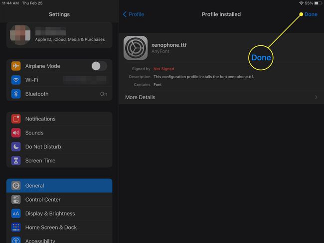 Selecting Done to complete font install on iOS.