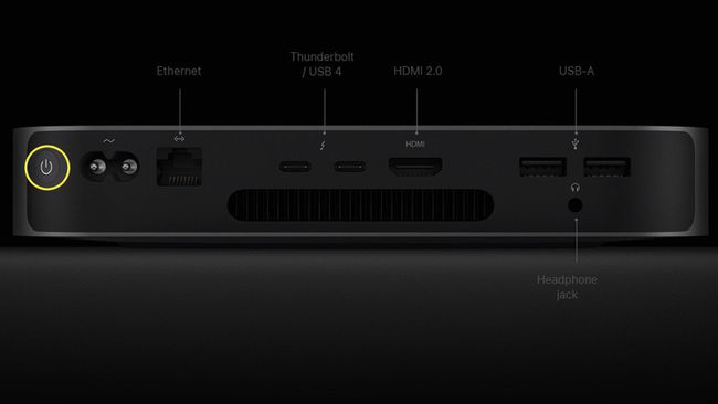 The power button highlighted on a Mac mini.