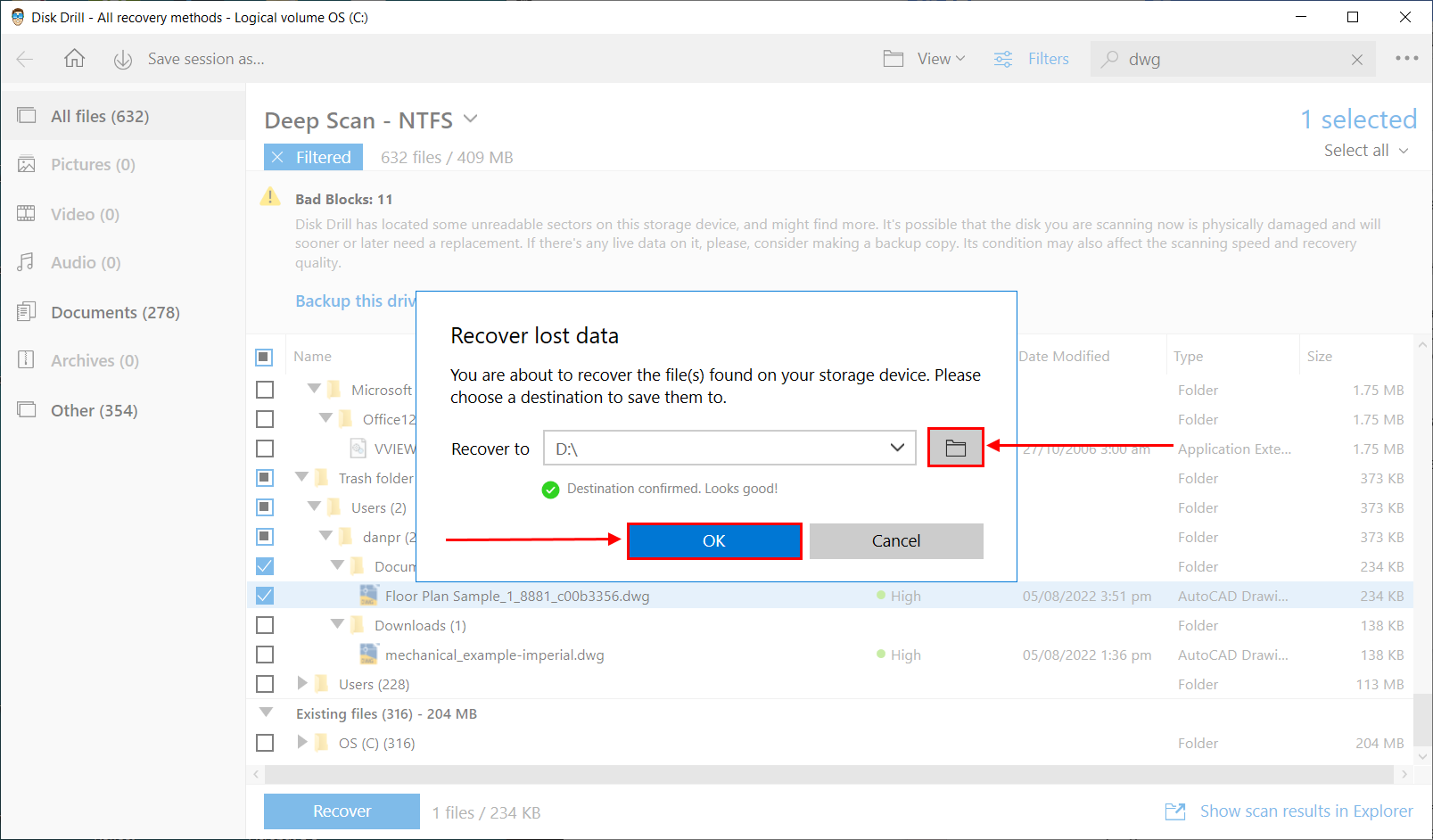 Destination folder selection in Disk Drill