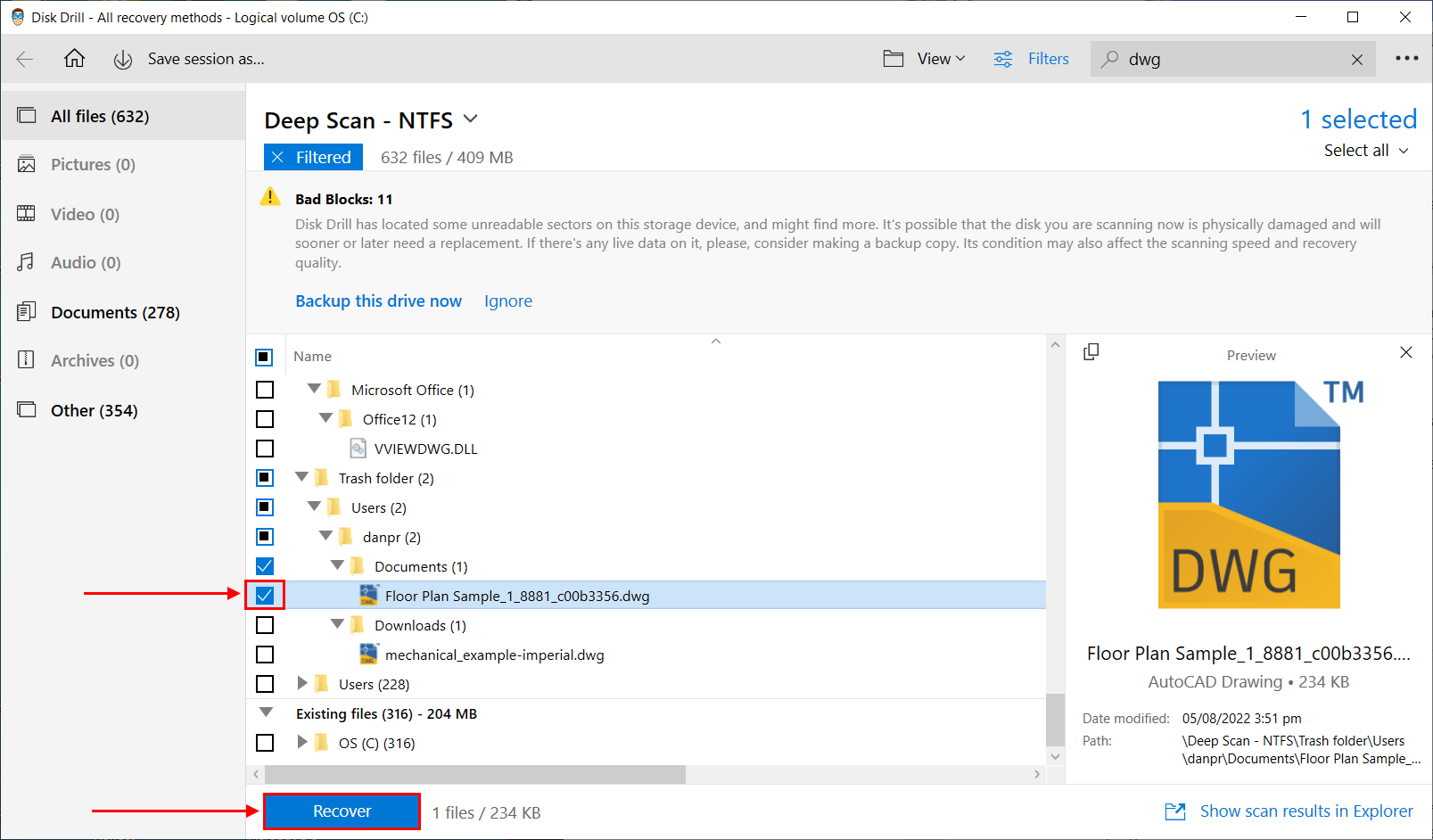 Recover button in Disk Drill