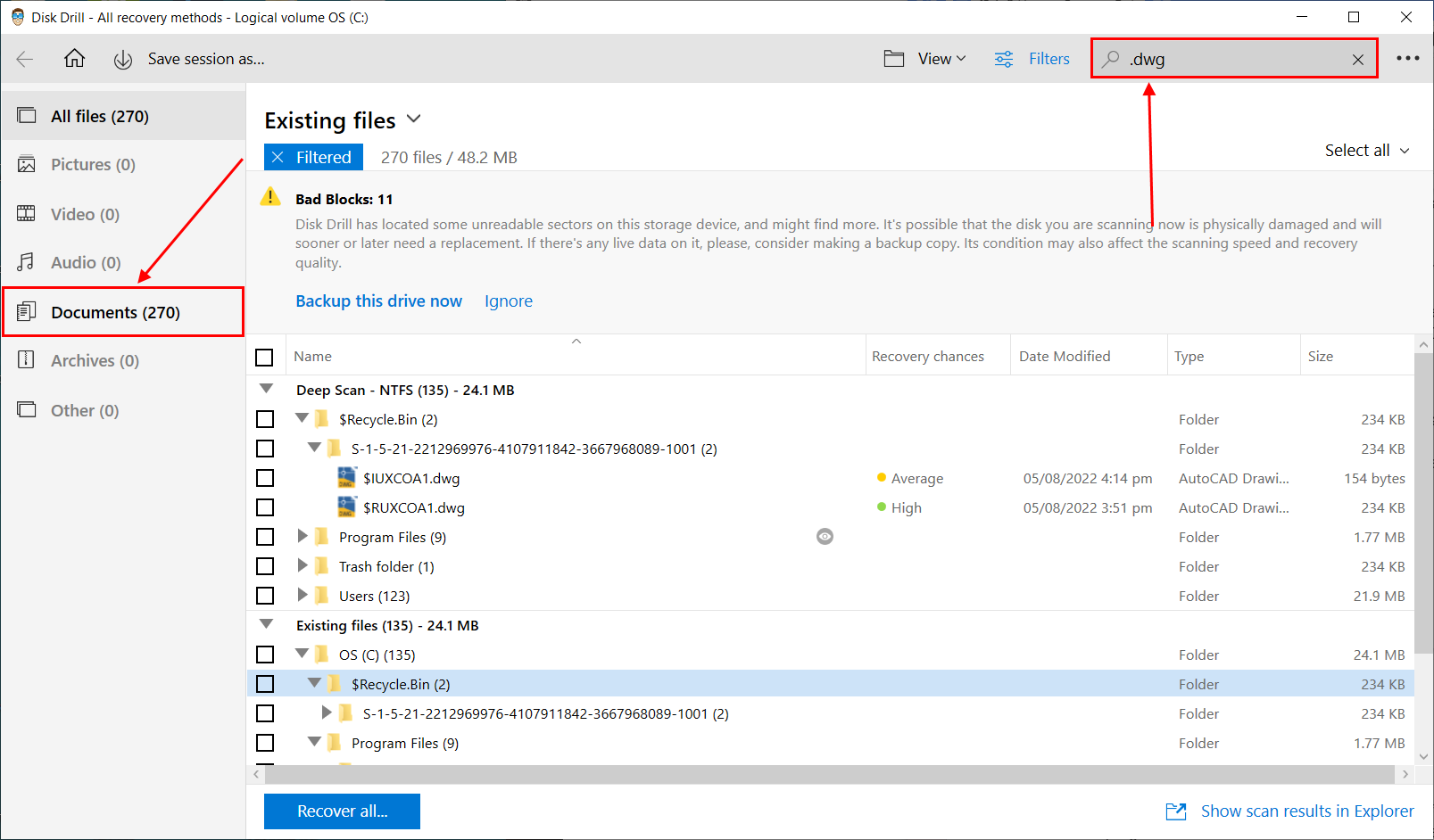 Search bar and file type filter in Disk Drill file selection window